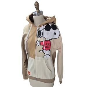 NWT PEANUTS Snoopy Joe Cool Color Block Tan Sweatshirt with a Full Zip Hoodie S